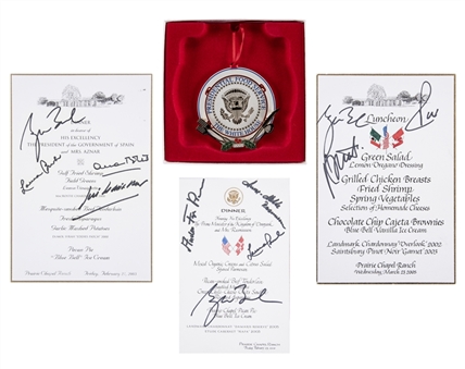 Lot of (4) Lunch and Dinner Menus From Prarie Chapel Ranch Signed by George Bush and Other World Leaders Plus Presidential Food Service Ornament (JSA Auction Letter) 